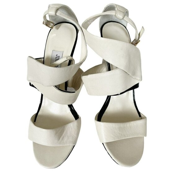 Jimmy Choo Trapeze Pleated Asymmetrical Off White Black Patent Leather Sandals - Picture 2 of 12